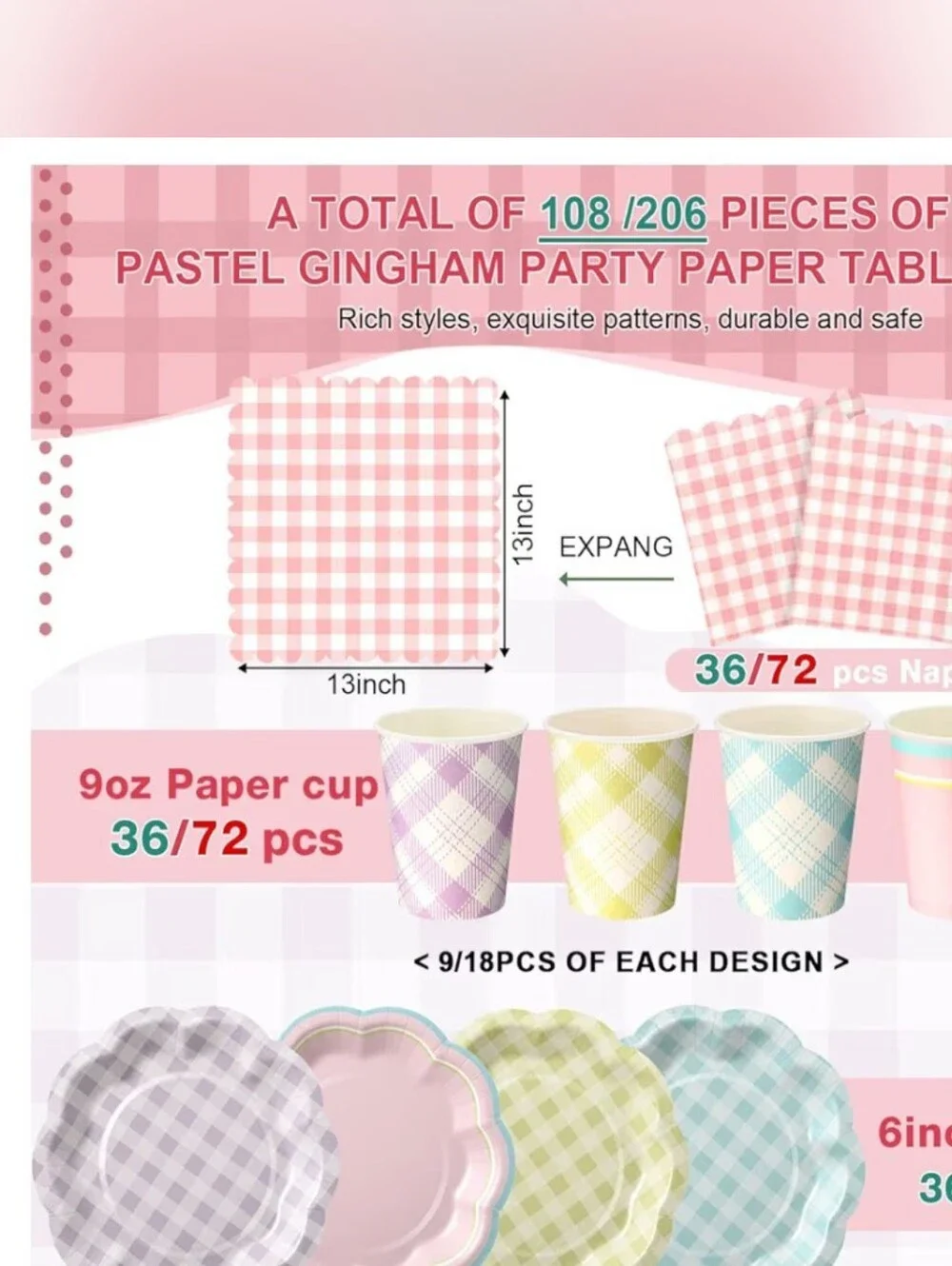 Pastel Gingham Party Paper Dessert Tableware Set - Pink, Blue, Yellow, Lavender